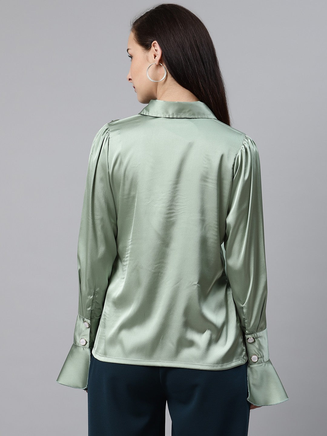 plusS Women Green Ruffle Detail Partywear Shirt