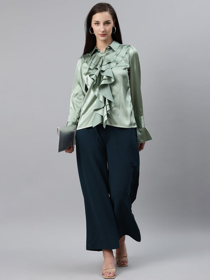 plusS Women Green Ruffle Detail Partywear Shirt