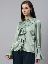 plusS Women Green Ruffle Detail Partywear Shirt