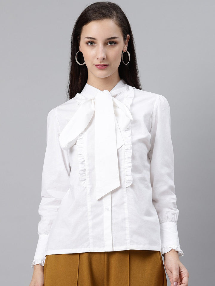 plusS White Solid Ruffle Detail Tie-Up Neck Victorian Top