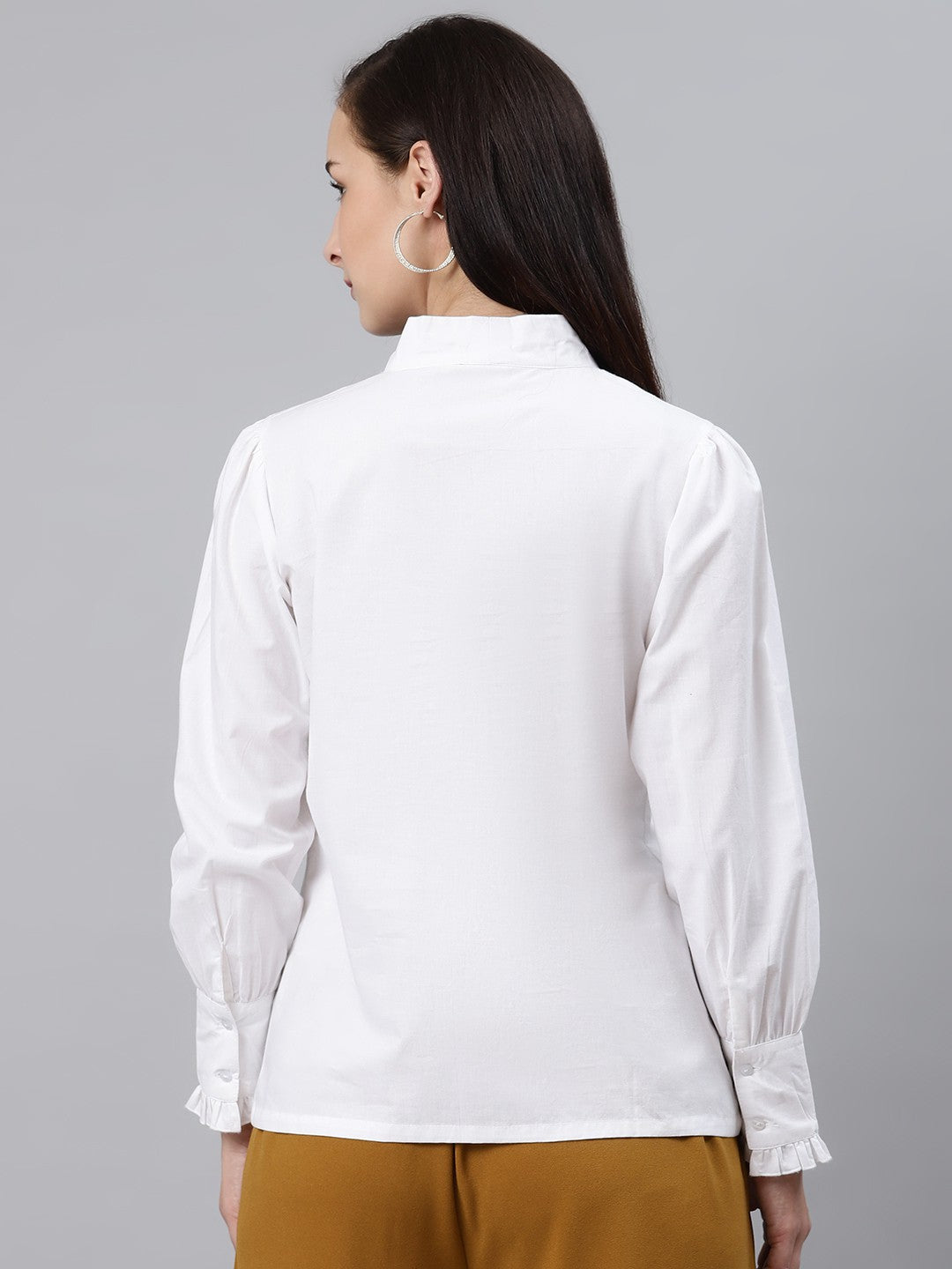 plusS White Solid Ruffle Detail Tie-Up Neck Victorian Top