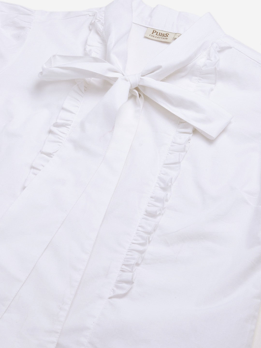 plusS White Solid Ruffle Detail Tie-Up Neck Victorian Top