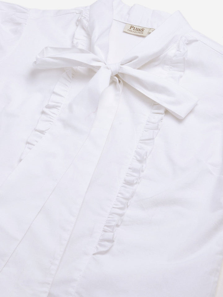 plusS White Solid Ruffle Detail Tie-Up Neck Victorian Top