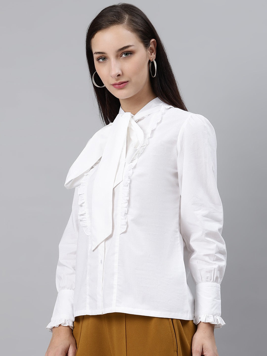 plusS White Solid Ruffle Detail Tie-Up Neck Victorian Top