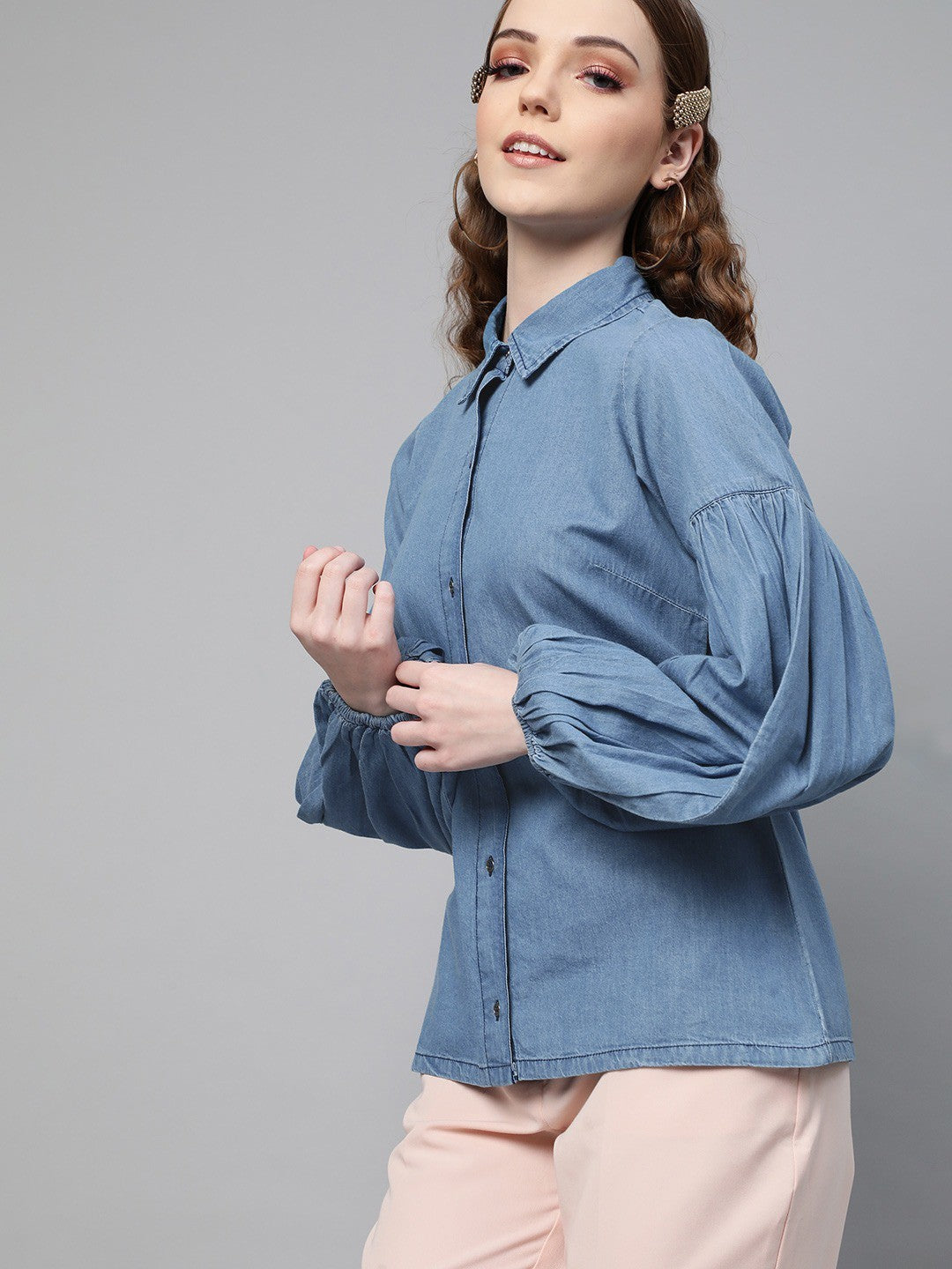 plusS Calm Blue Retro Denim Puff Sleeves Casual Shirt