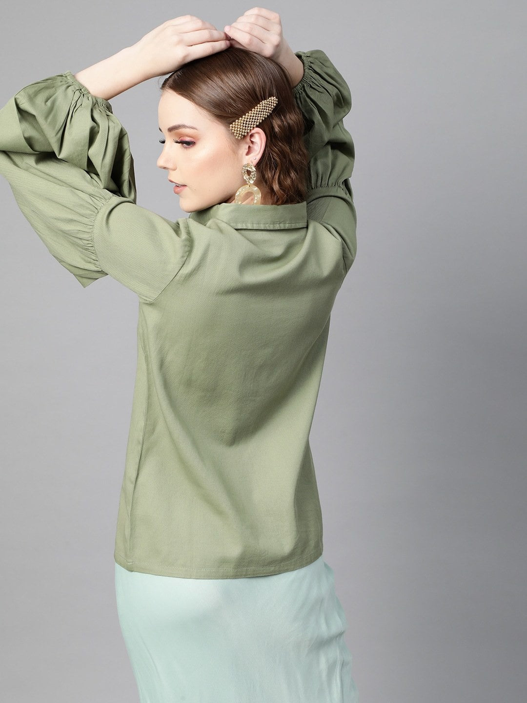 plusS Gorgeous Green Puff Sleeves Shirt