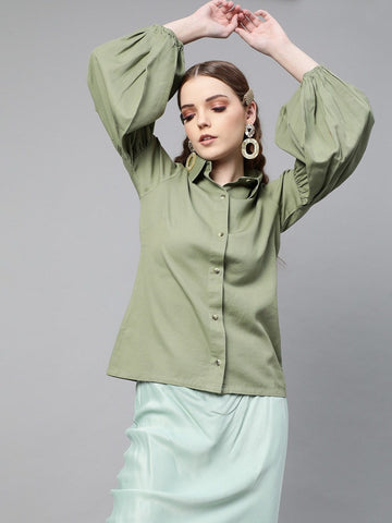 plusS Gorgeous Green Puff Sleeves Shirt