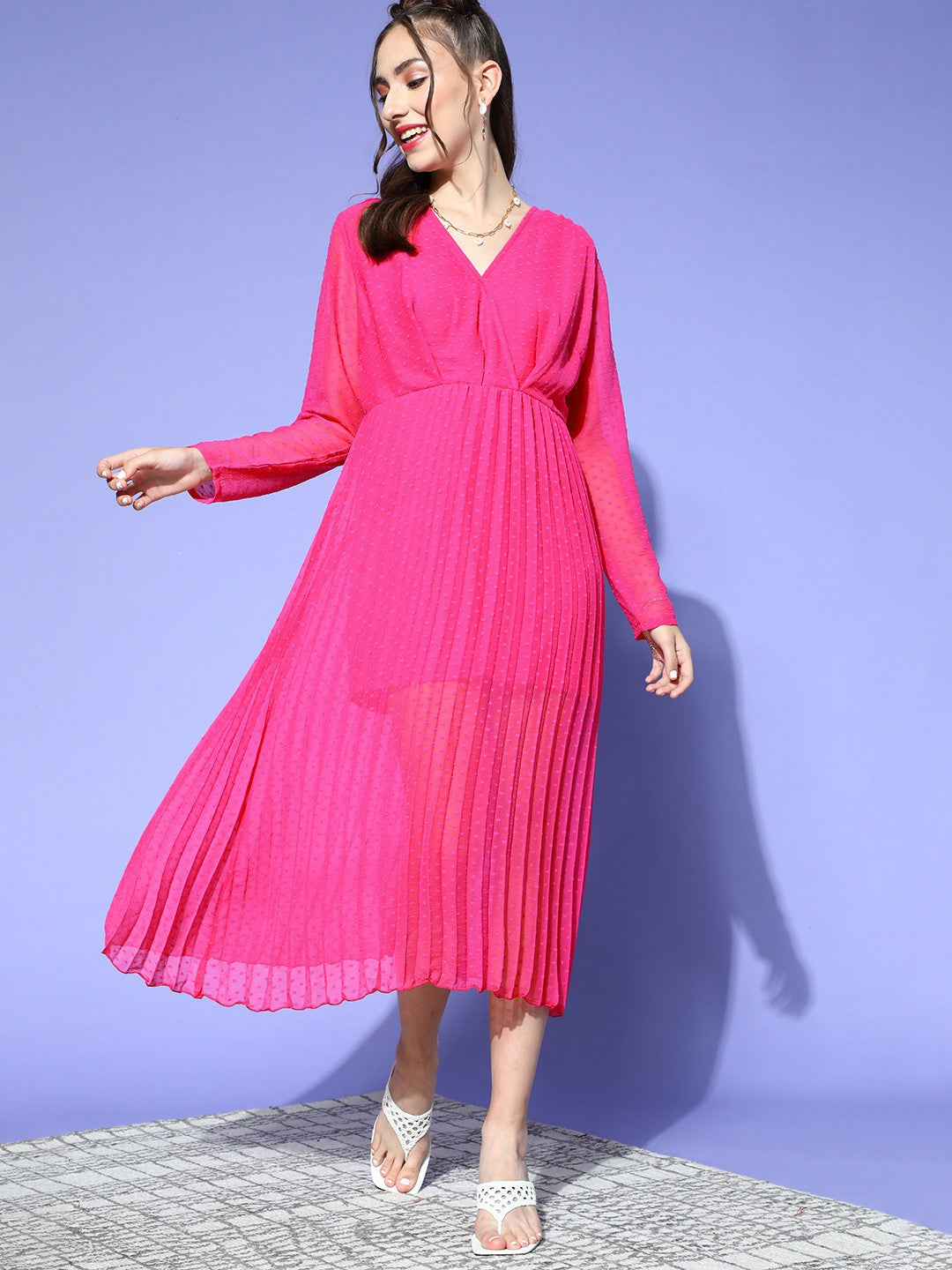 Pretty Pink Solid Volume Play Midi Dress