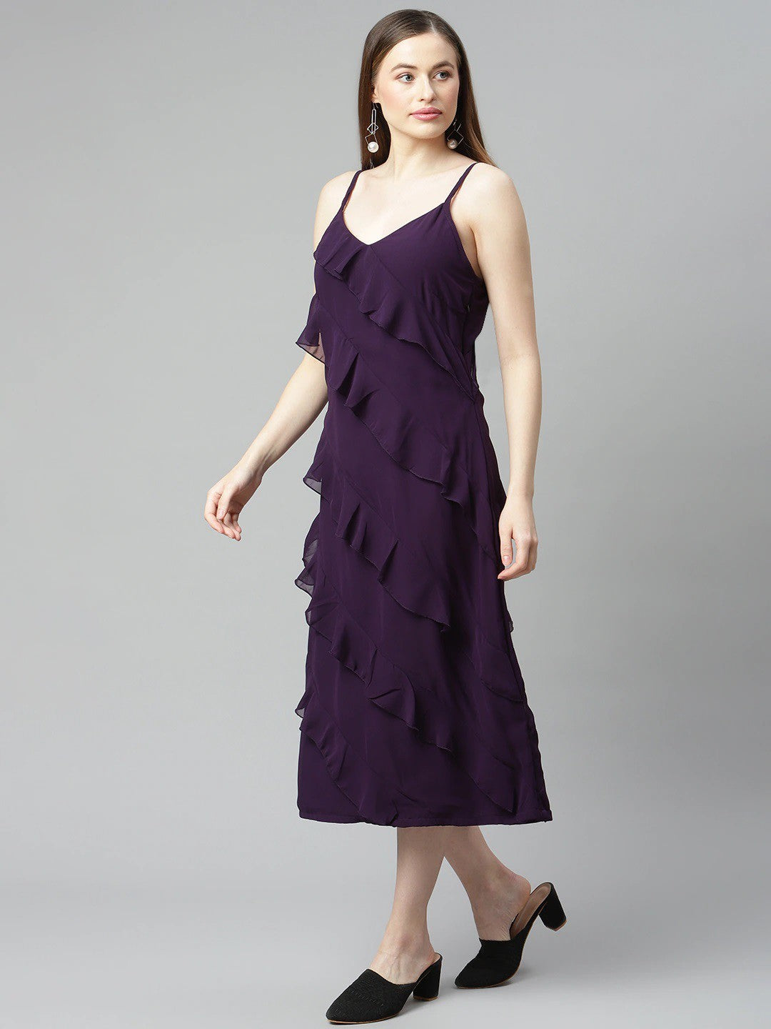 plusS Purple A-Line Midi Ruffle Dress