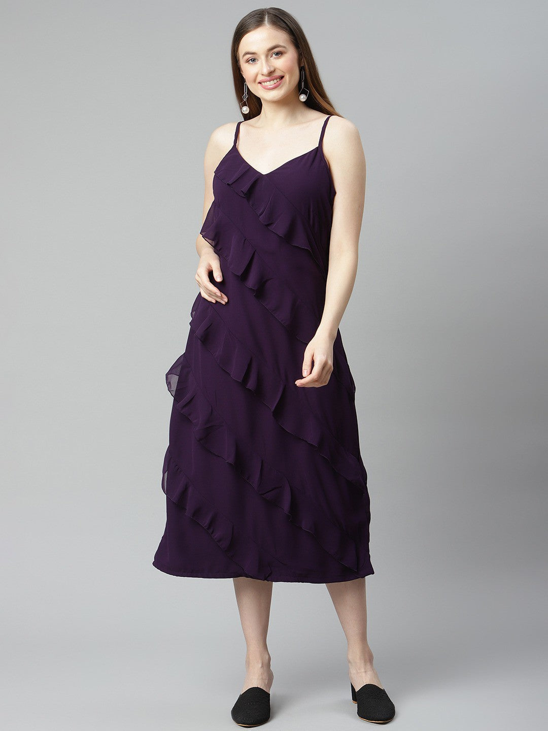 plusS Purple A-Line Midi Ruffle Dress