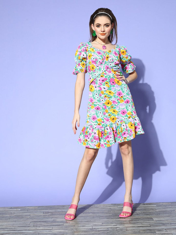 plusS Turquoise Blue  Pink Floral A-Line Dress