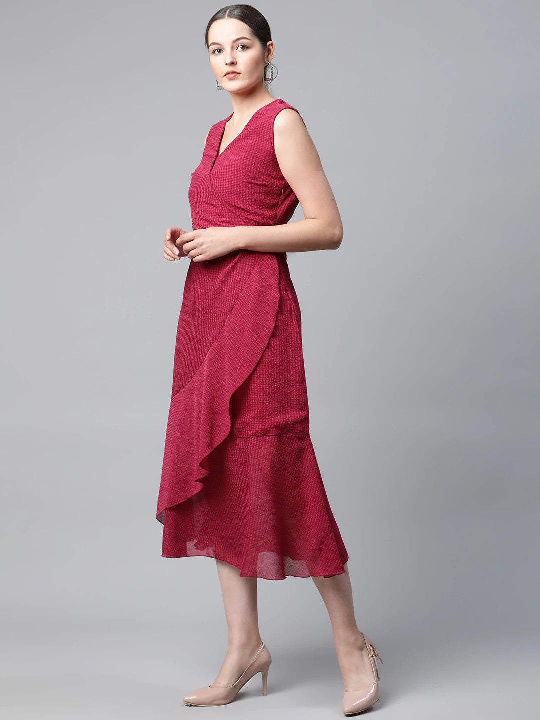 plusS Red Self Design Midi Wrap Dress