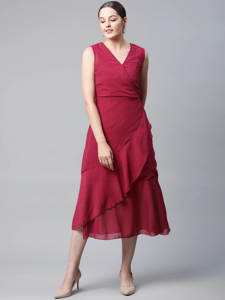 plusS Red Self Design Midi Wrap Dress