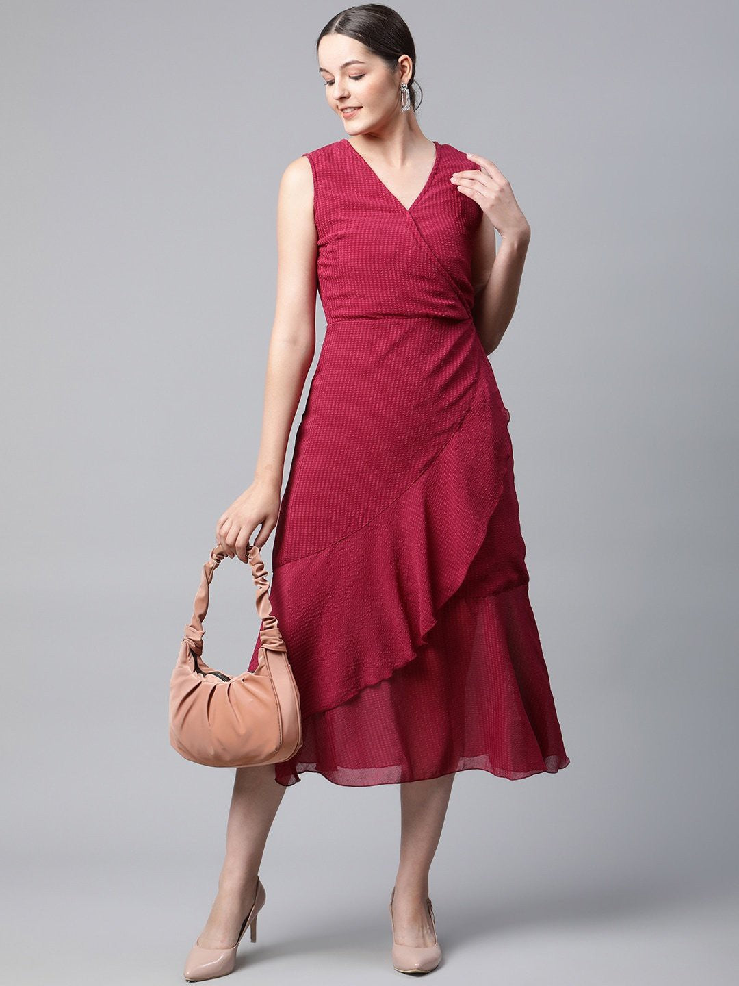 plusS Red Self Design Midi Wrap Dress