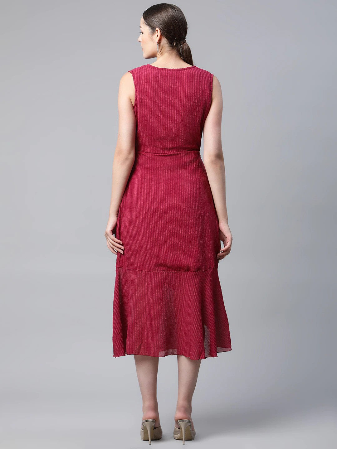 plusS Red Self Design Midi Wrap Dress