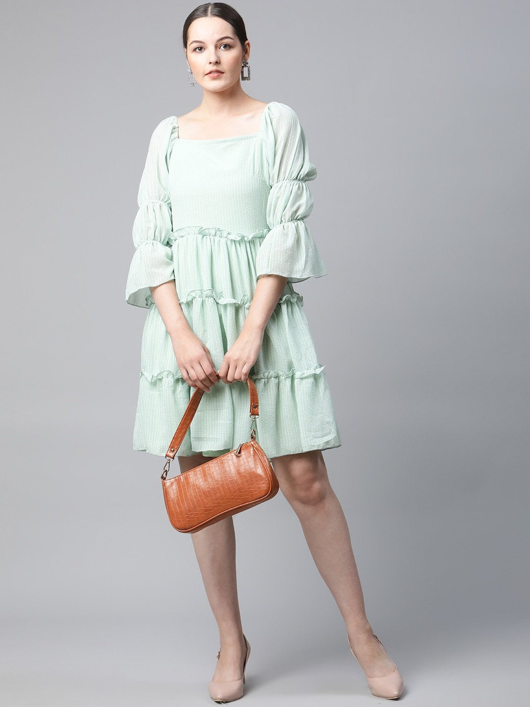 plusS Mint Green Self Design Bell Sleeves A-Line Tiered Dress