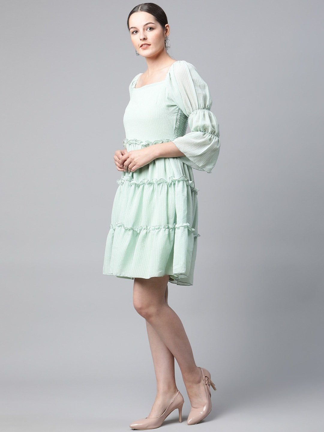 plusS Mint Green Self Design Bell Sleeves A-Line Tiered Dress