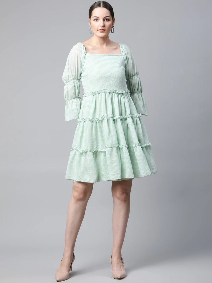 plusS Mint Green Self Design Bell Sleeves A-Line Tiered Dress