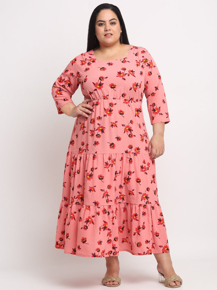 plusS Peach-Coloured  Orange Floral A-Line Midi Dress