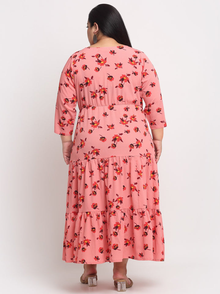 plusS Peach-Coloured  Orange Floral A-Line Midi Dress