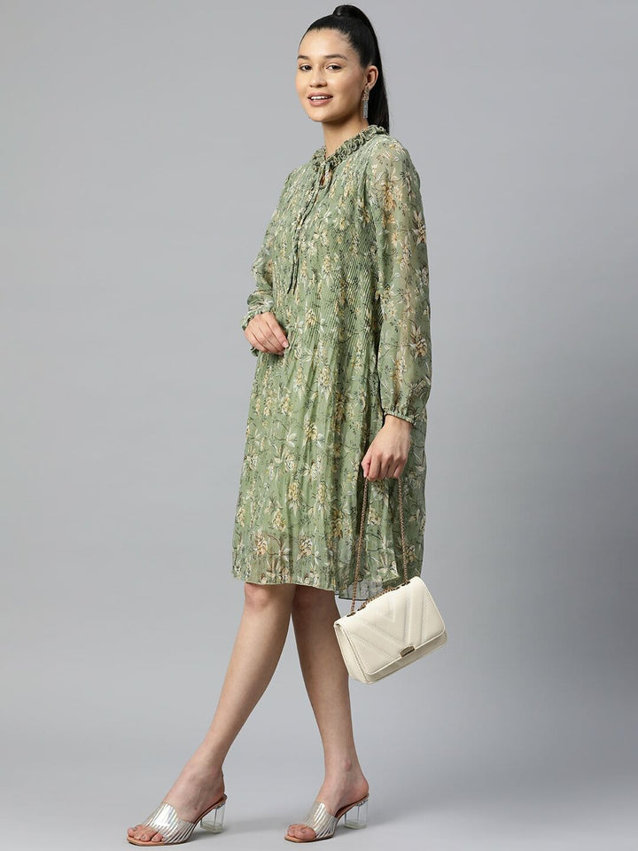 plusS Olive Floral Print Knee Length A-Line Dress