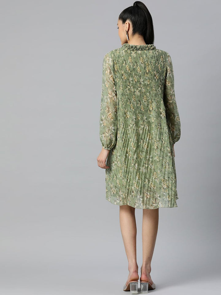 plusS Olive Floral Print Knee Length A-Line Dress