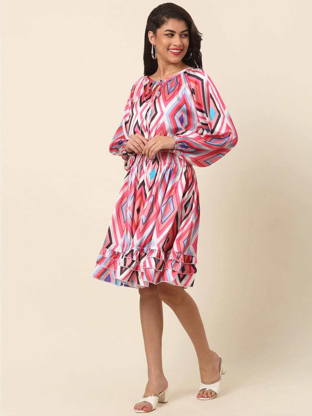 plusS Pink Print Puff Sleeve Fit  Flare Dress