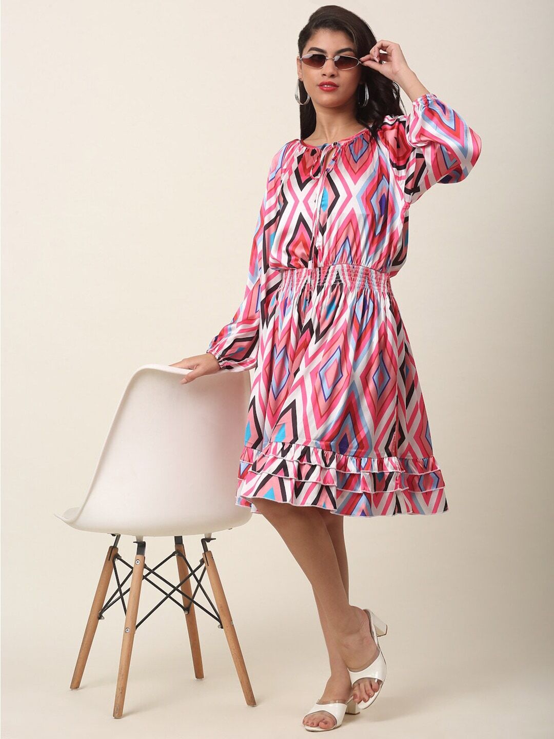 plusS Pink Print Puff Sleeve Fit  Flare Dress