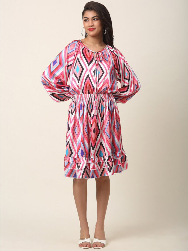 plusS Pink Print Puff Sleeve Fit  Flare Dress