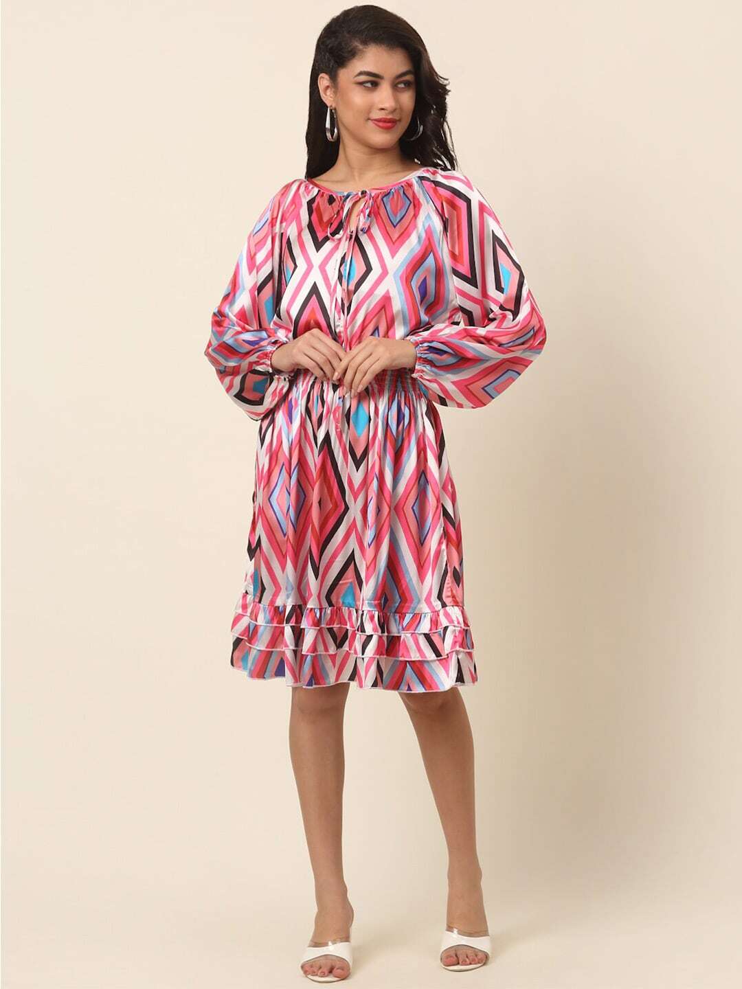 plusS Pink Print Puff Sleeve Fit  Flare Dress