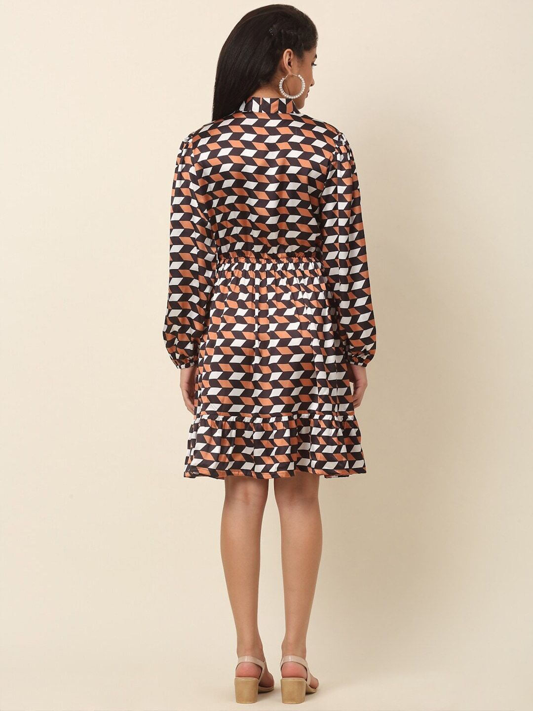 plusS Checked Puff Sleeve A-Line Dress