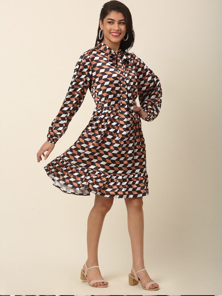 plusS Checked Puff Sleeve A-Line Dress