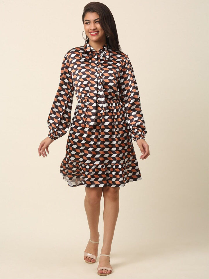 plusS Checked Puff Sleeve A-Line Dress