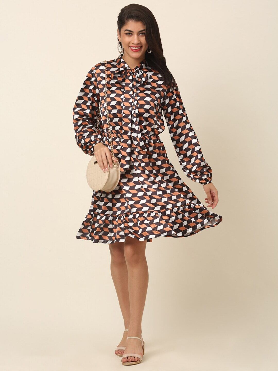 plusS Checked Puff Sleeve A-Line Dress