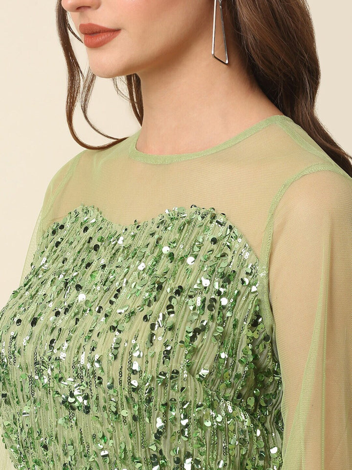 plusS Green Tiered Sequinned Fit  Flare Midi Dress