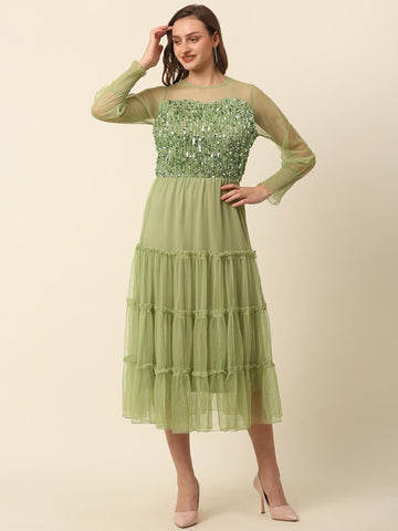 plusS Green Tiered Sequinned Fit  Flare Midi Dress