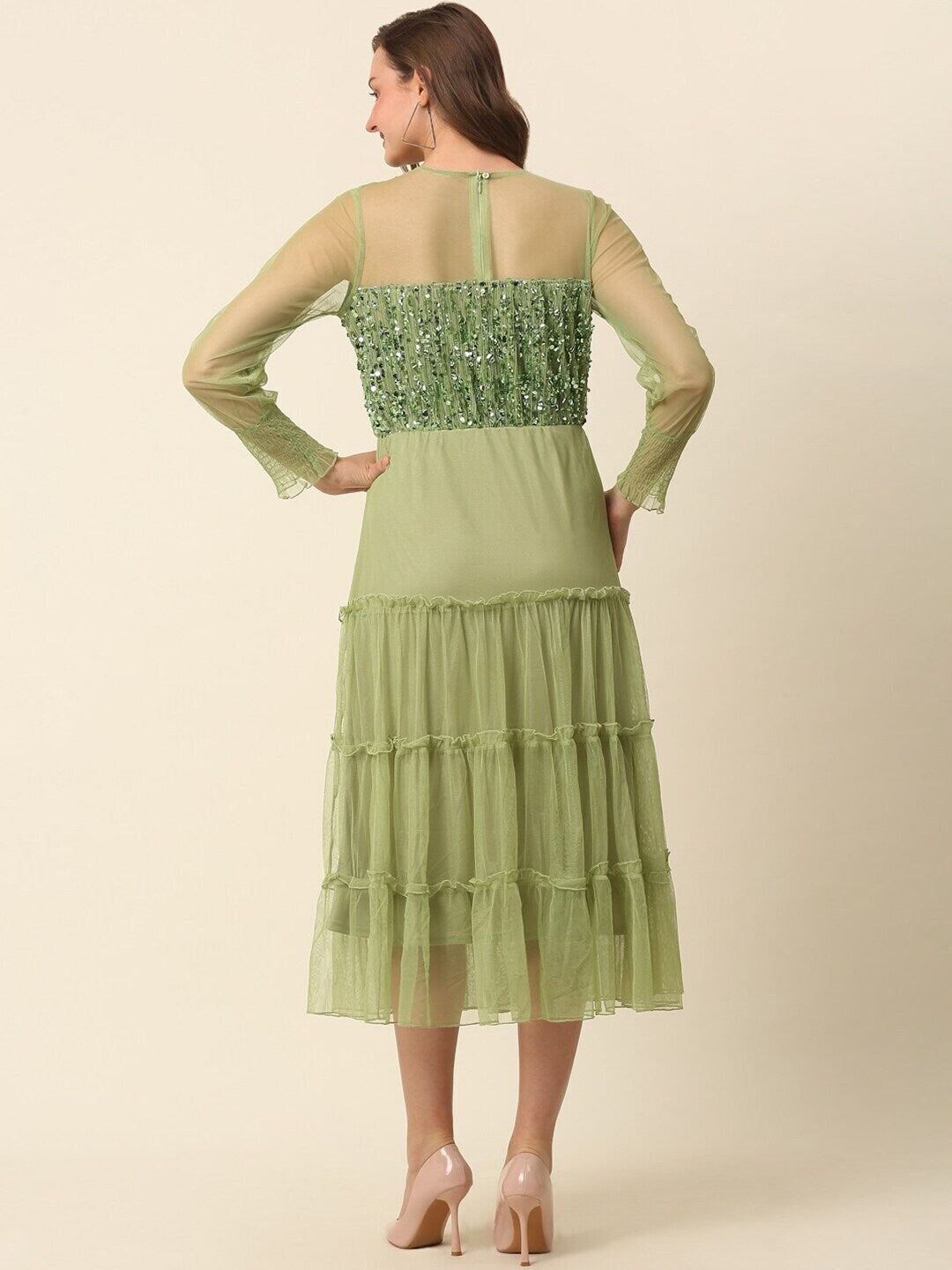 plusS Green Tiered Sequinned Fit  Flare Midi Dress