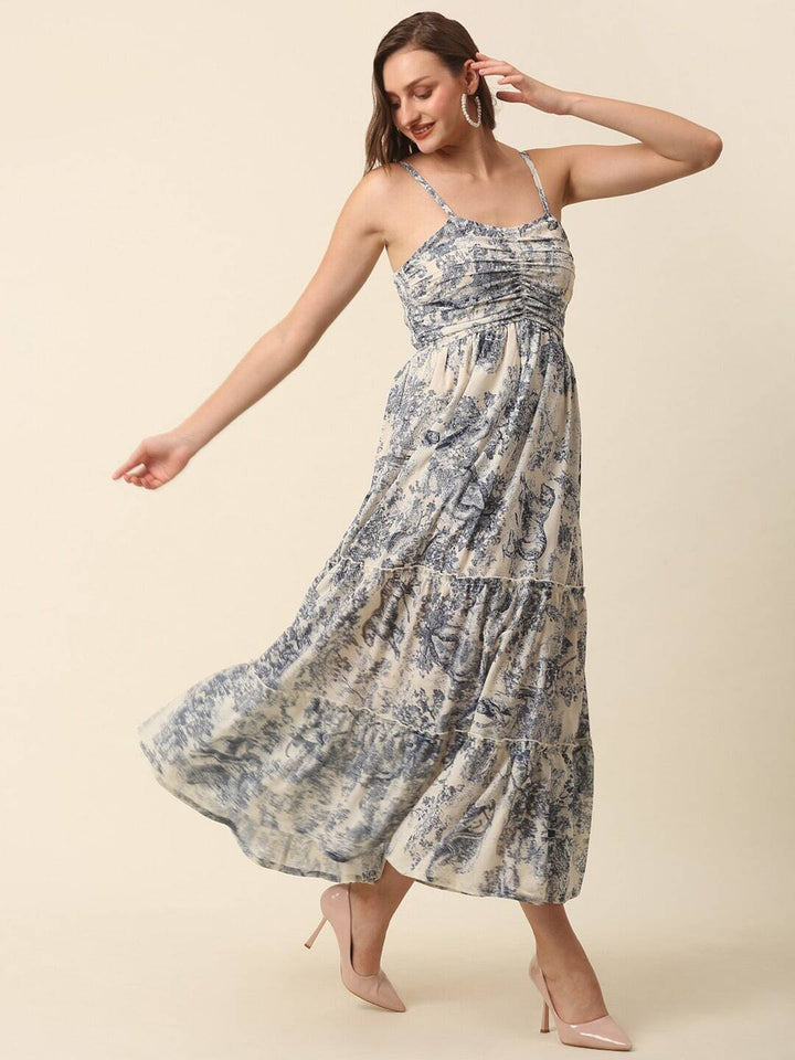 plusS Beige Conversational Printed Shoulder Straps Tiered Fit  Flare Maxi Dress