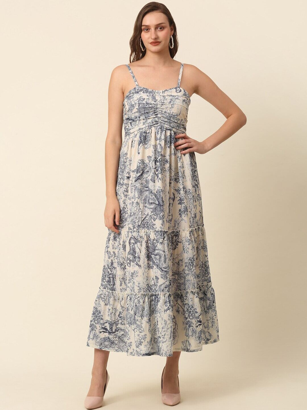 plusS Beige Conversational Printed Shoulder Straps Tiered Fit  Flare Maxi Dress