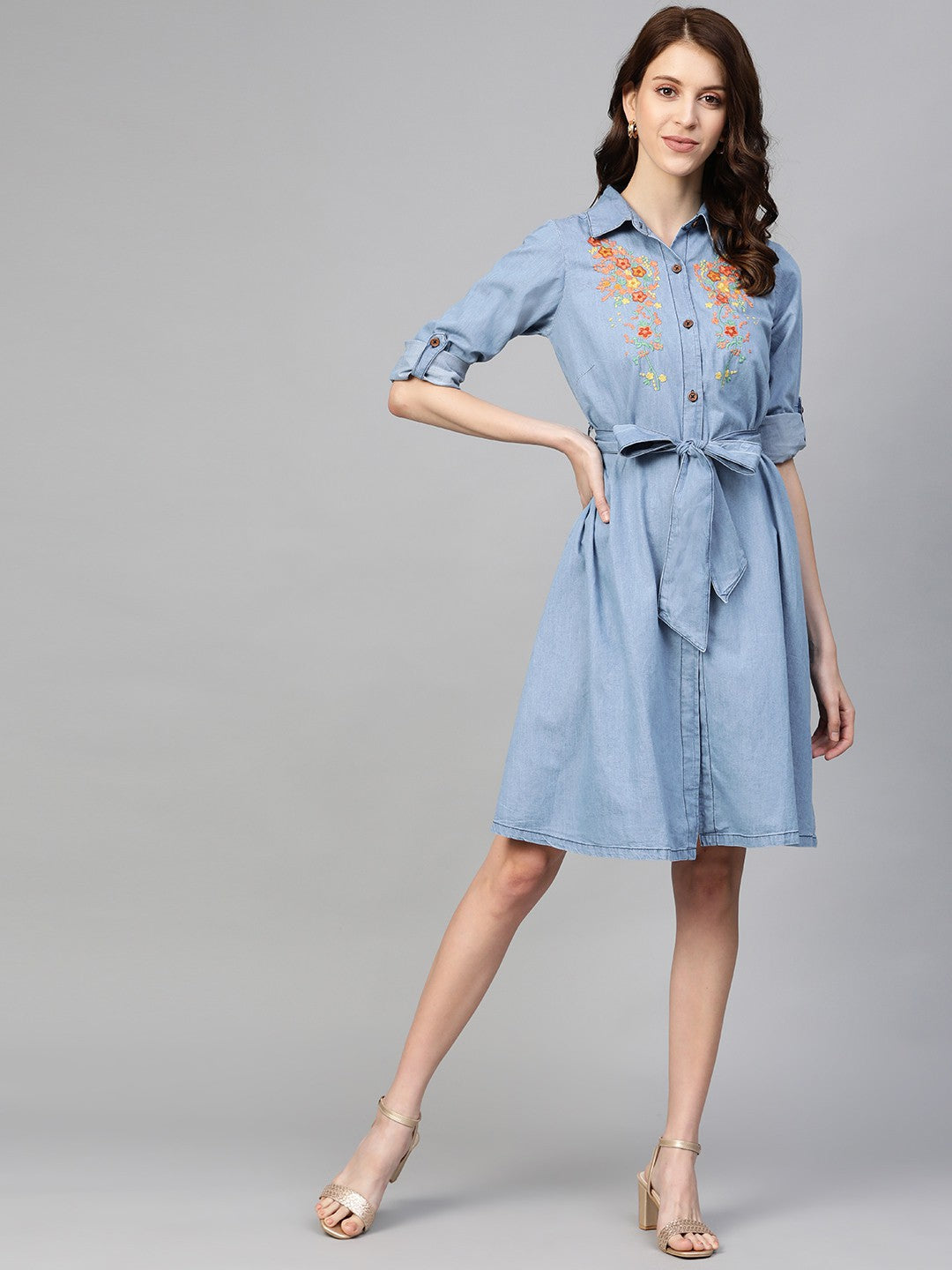 plusS Women Blue Chambray Solid Shirt Dress with Embroidered Detail  Belt