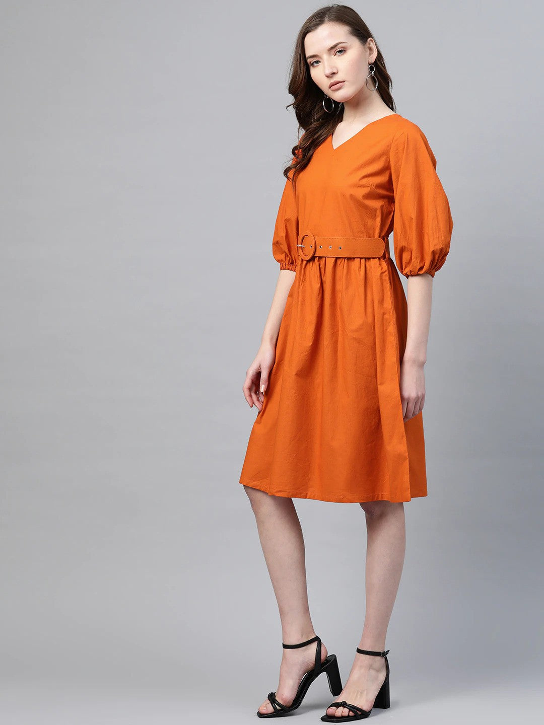 plusS Rust Orange Cotton A-Line Dress With Belt