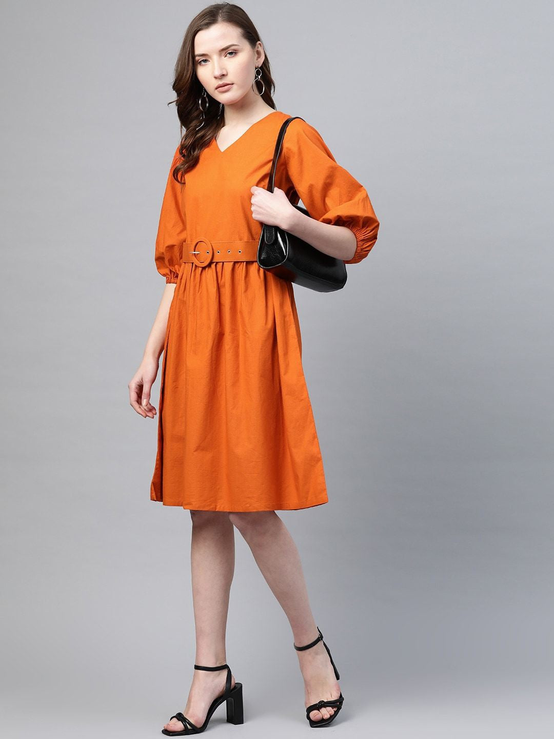 plusS Rust Orange Cotton A-Line Dress With Belt