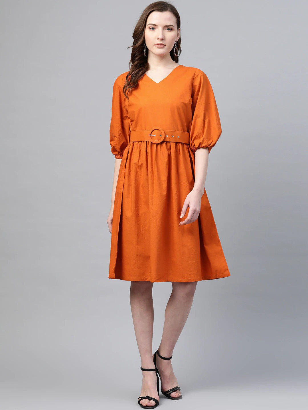 plusS Rust Orange Cotton A-Line Dress With Belt