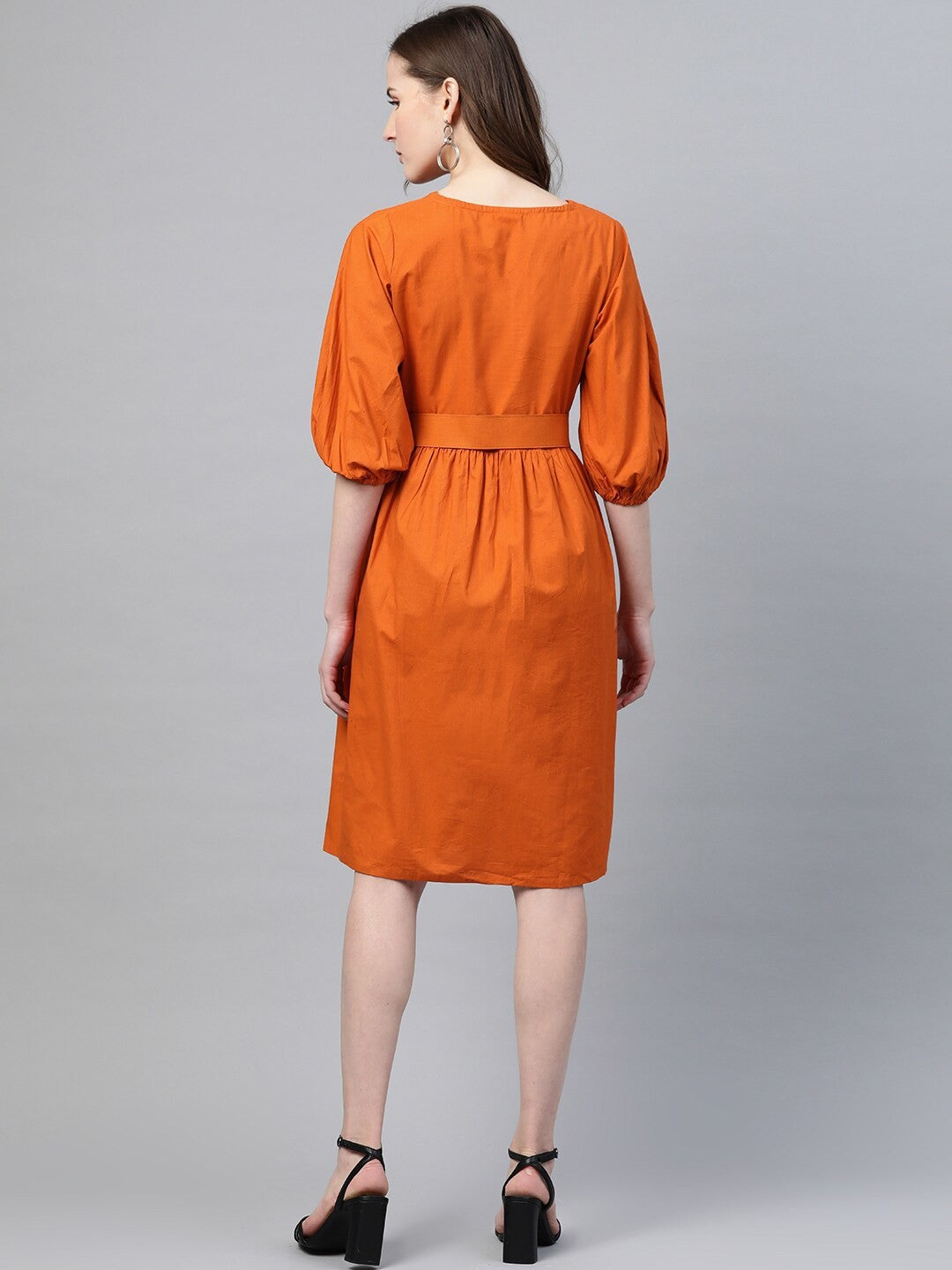 plusS Rust Orange Cotton A-Line Dress With Belt