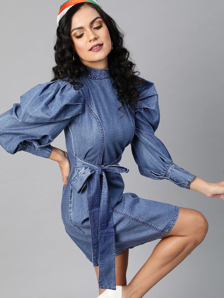 plusS Denim Blue Solid Power Shoulders A-Line Dress