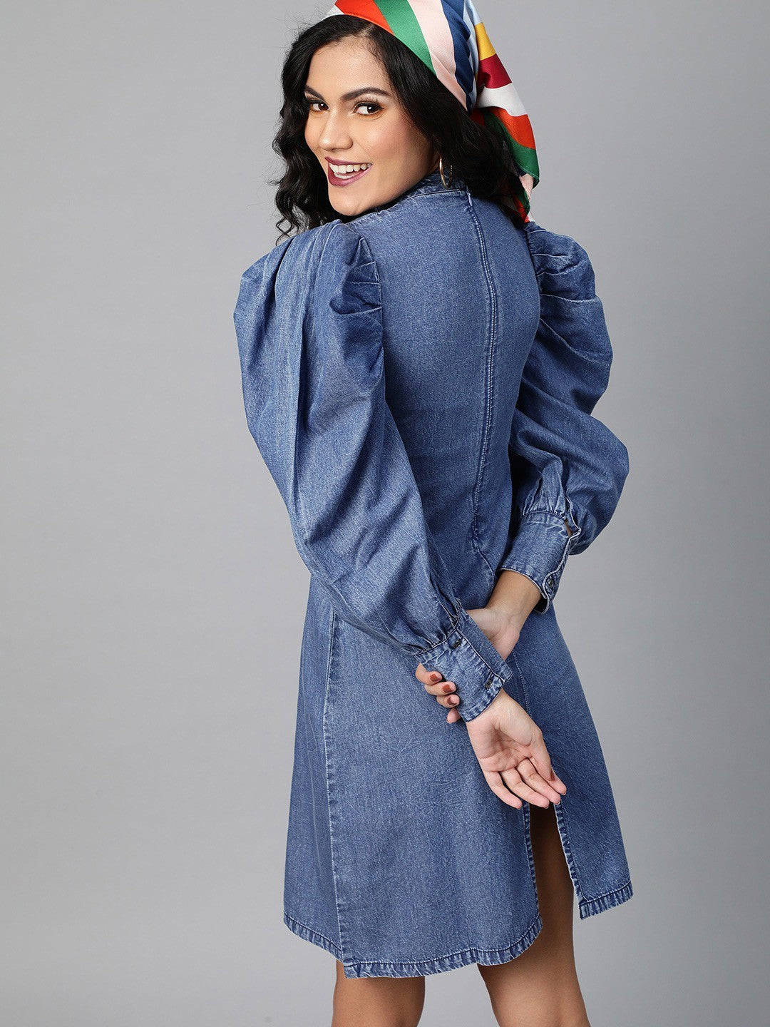 plusS Denim Blue Solid Power Shoulders A-Line Dress