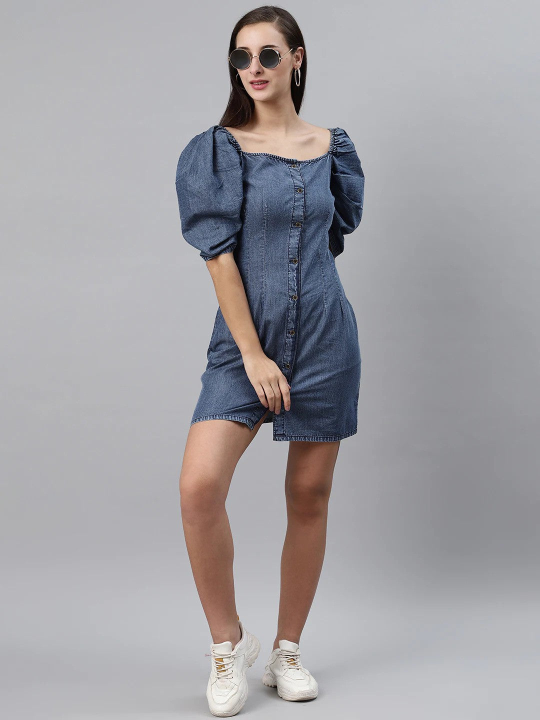 Blue Solid Denim Sheath Dress