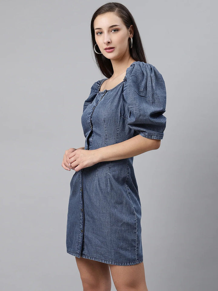 Blue Solid Denim Sheath Dress