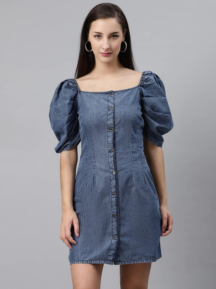 Blue Solid Denim Sheath Dress