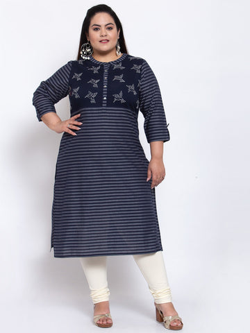 plusS Women Navy Blue Striped Kurta